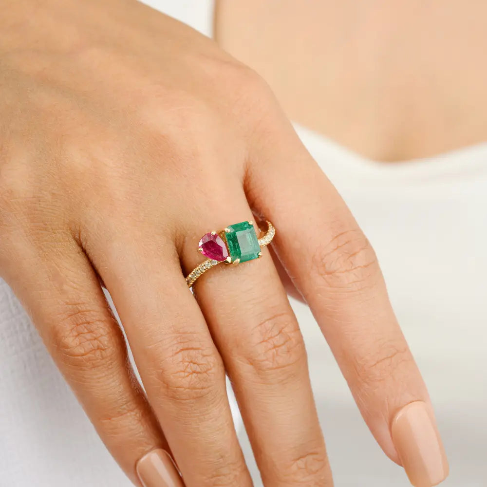Emerald Ruby & Diamond Solid 14K Yellow Gold Toi et Moi Ring For Wedding Birthstone Jewelry