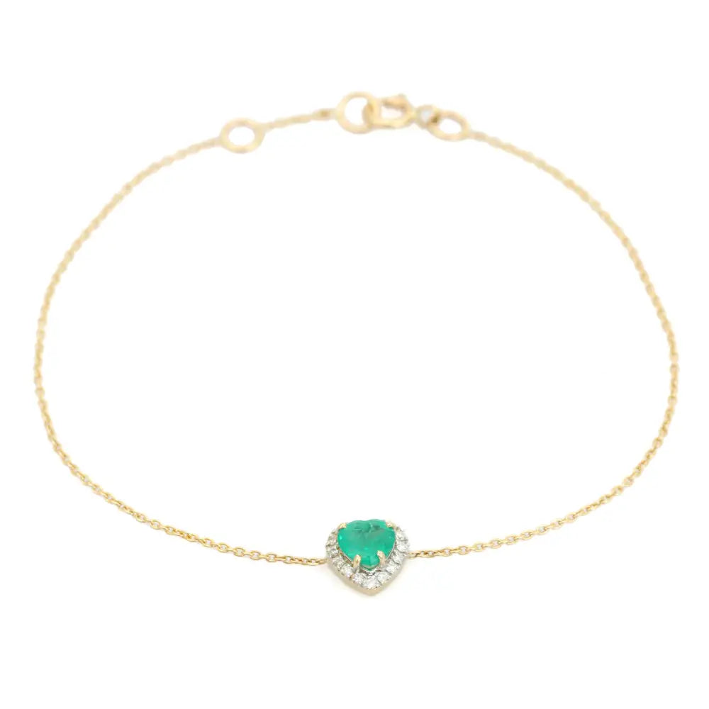 Heart Shape Emerald & Round Cut Diamond 14K Solid Yellow Gold Solitaire Halo Bracelet