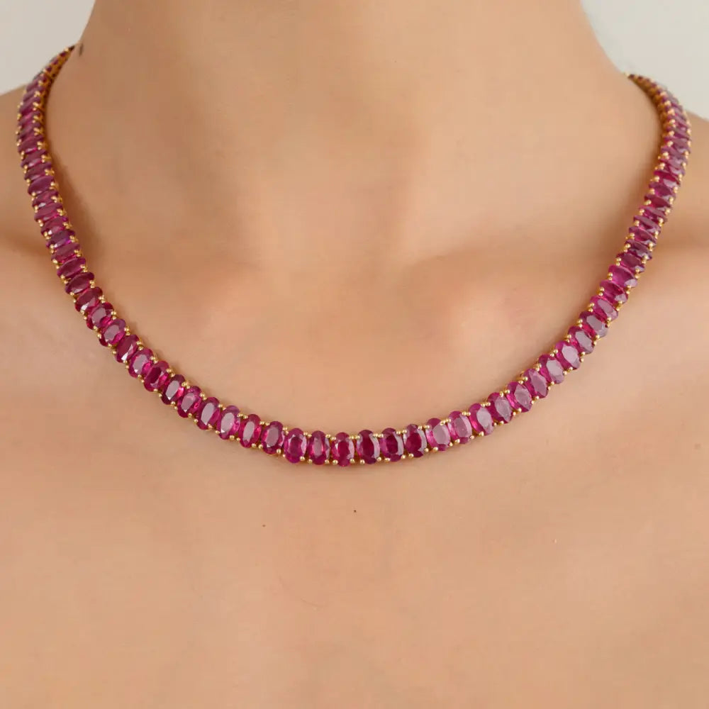 Birthstone Jewelry Oval Cut Ruby July Birthstone Real Yellow Gold Tennis Necklace