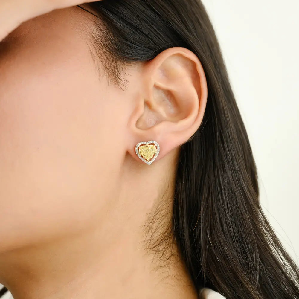 100% Natural White & Yellow Diamond Heart Shape Stud Earrings Valentine's Day Gift