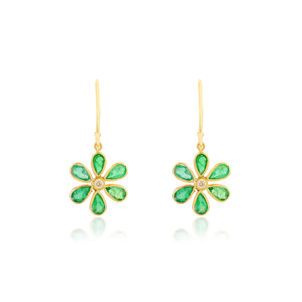 Floral Design Emerald & Diamond Drop Earrings in 18k Solid Yellow Gold
