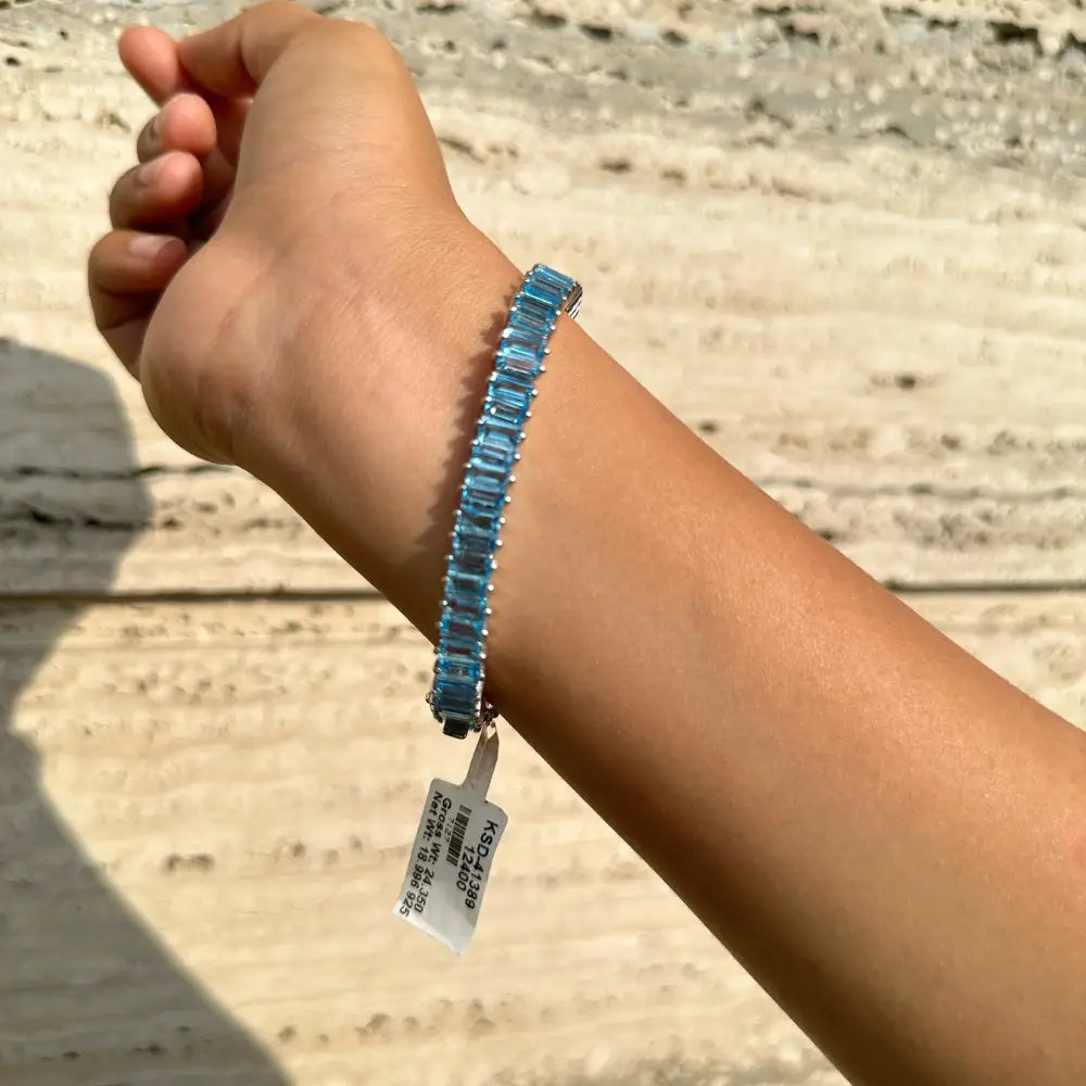 925 Solid Silver Baguette Blue Topaz Stackable Tennis Bracelet Bulk Order In 925 Sterling Silver