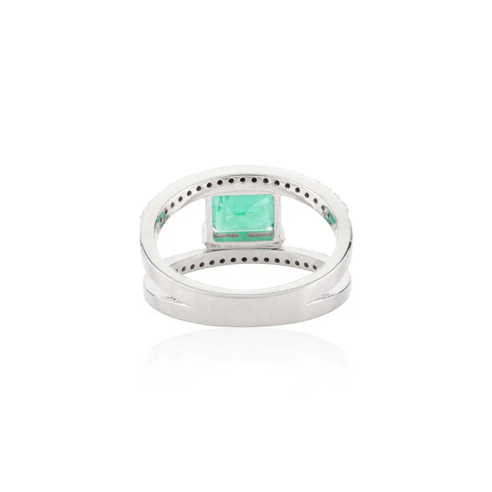 14k Solid White Gold Emerald & Diamond Double Band Wedding Ring Handmade Jewelry