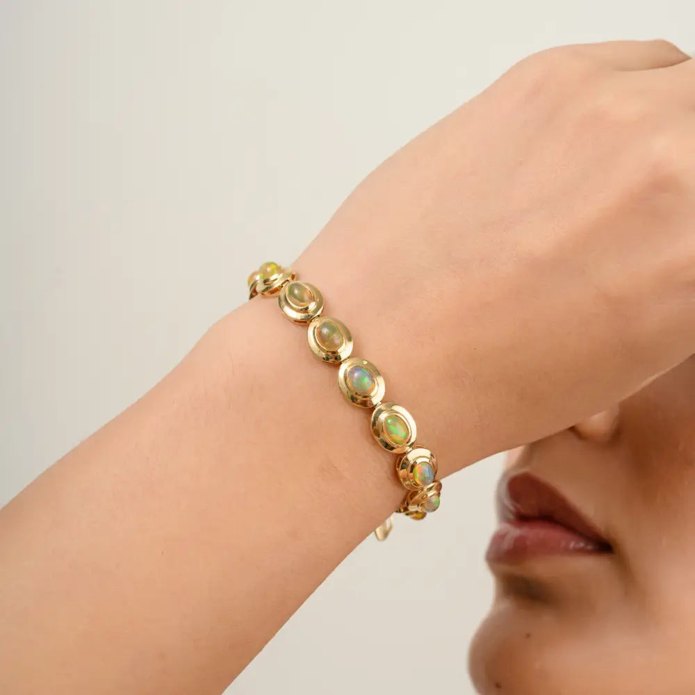 Unique Design 14K Yellow Gold Oval Shape Opal Tennis Bracelet Handmade October Birthstone