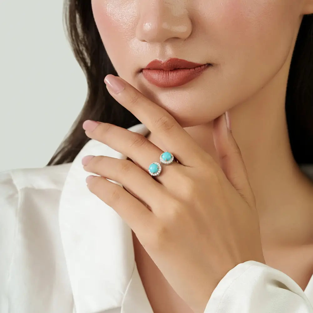New Trendy Turquoise & Diamond Statement Open Halo Ring 14K White Gold Gemstone Jewelry
