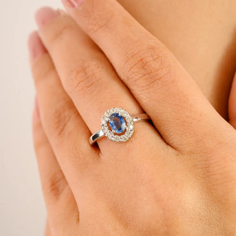 Explore Blue Sapphire & Diamond 14K Solid White Gold Halo Ring Handmade Fine Jewelry