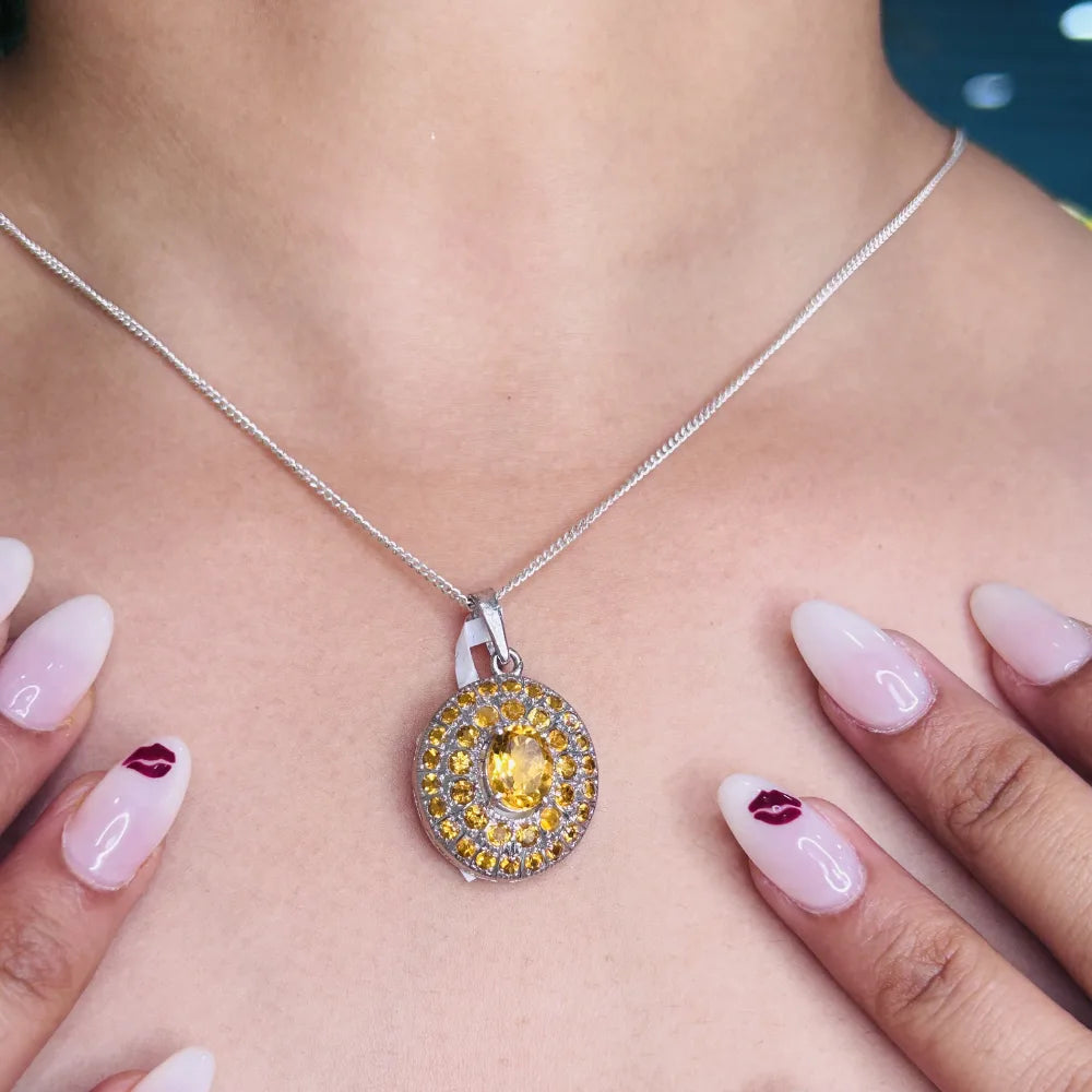 Fine Jewelry Natural Oval & Round Shape Citrine Gemstone Double Halo Pendant