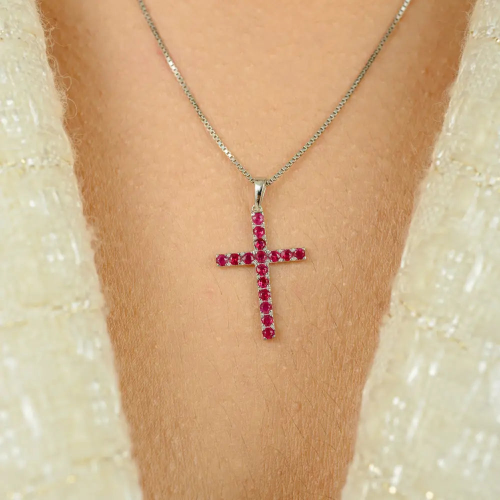 Precious Gemstone Real Ruby Cross Pendant Women's K18 White Gold Religious Jewelry