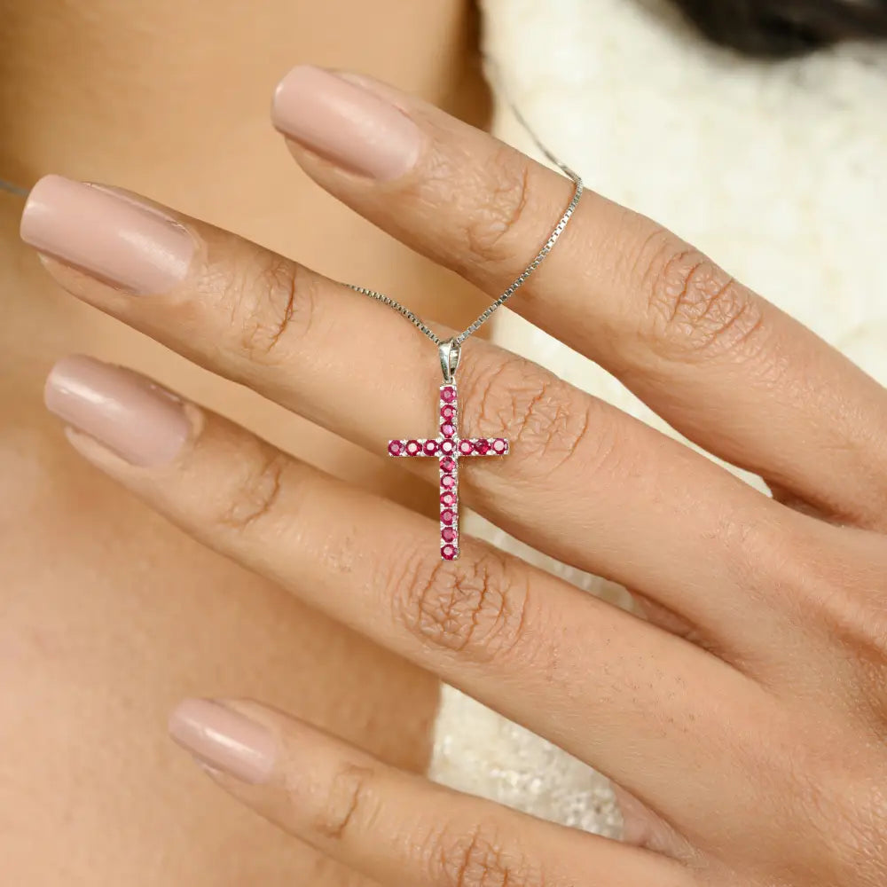 Precious Gemstone Real Ruby Cross Pendant Women's K18 White Gold Religious Jewelry