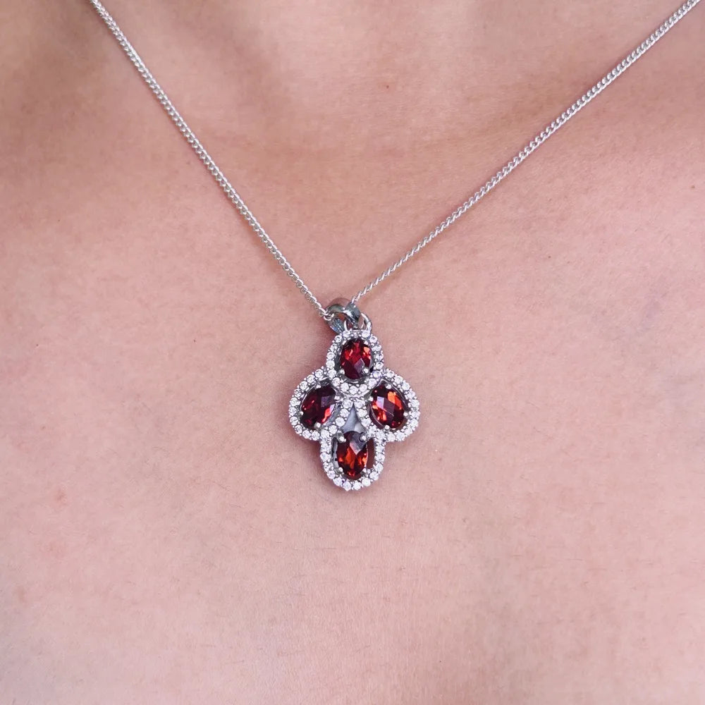 Custom Made Natural Red Garnet & American Diamond Statement Pendant For Valentine Day Gift