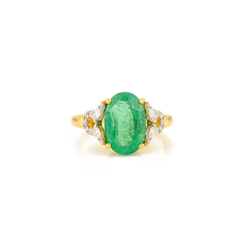 100% Authentic 14K Yellow Gold Oval Cut Emerald & Diamond Statement Ring Unisex