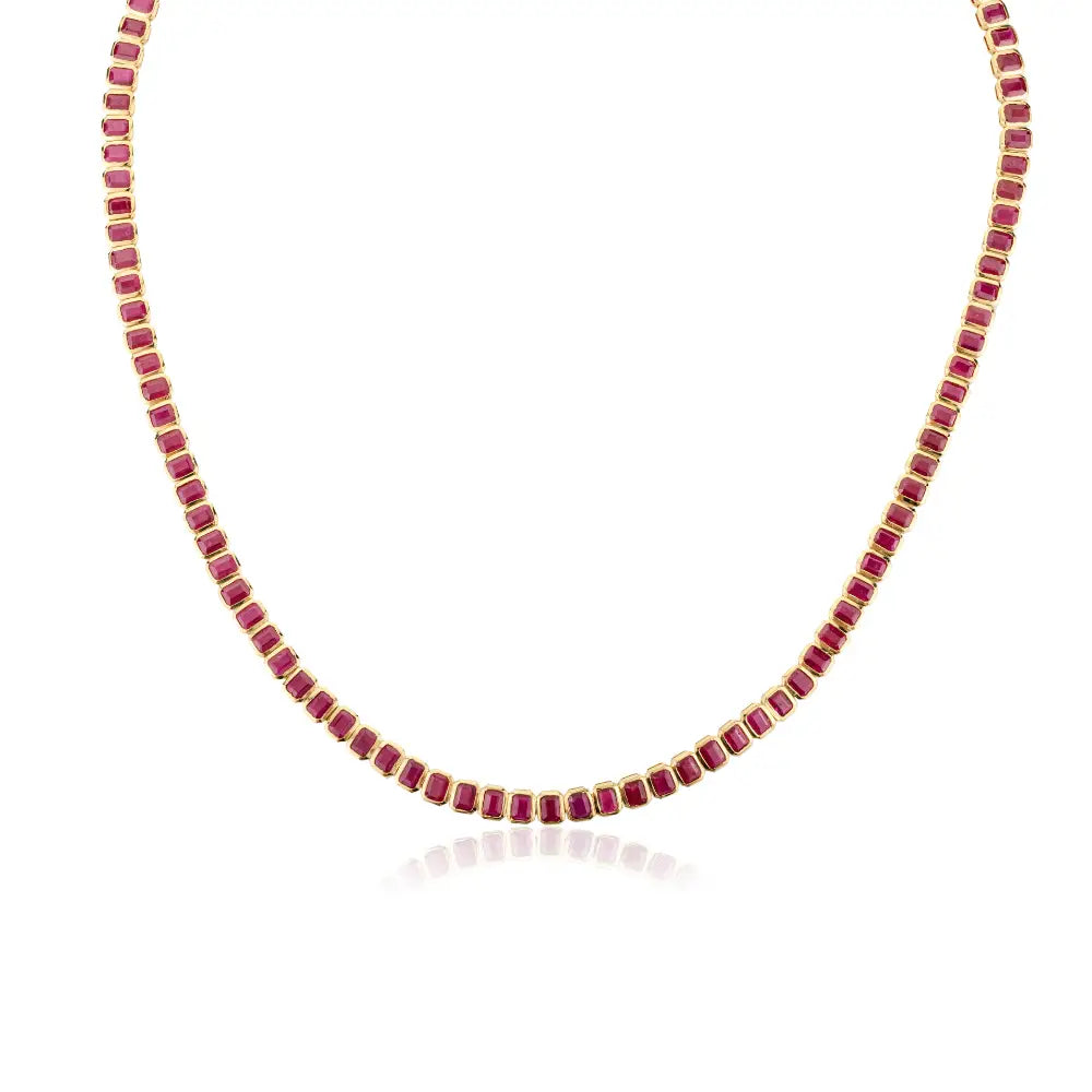 July Birthstone Natural Ruby 18K Yellow Gold Bezel Setting Tennis Necklace