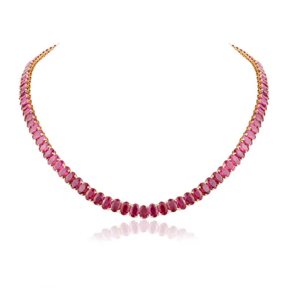 Birthstone Jewelry Oval Cut Ruby July Birthstone Real Yellow Gold Tennis Necklace