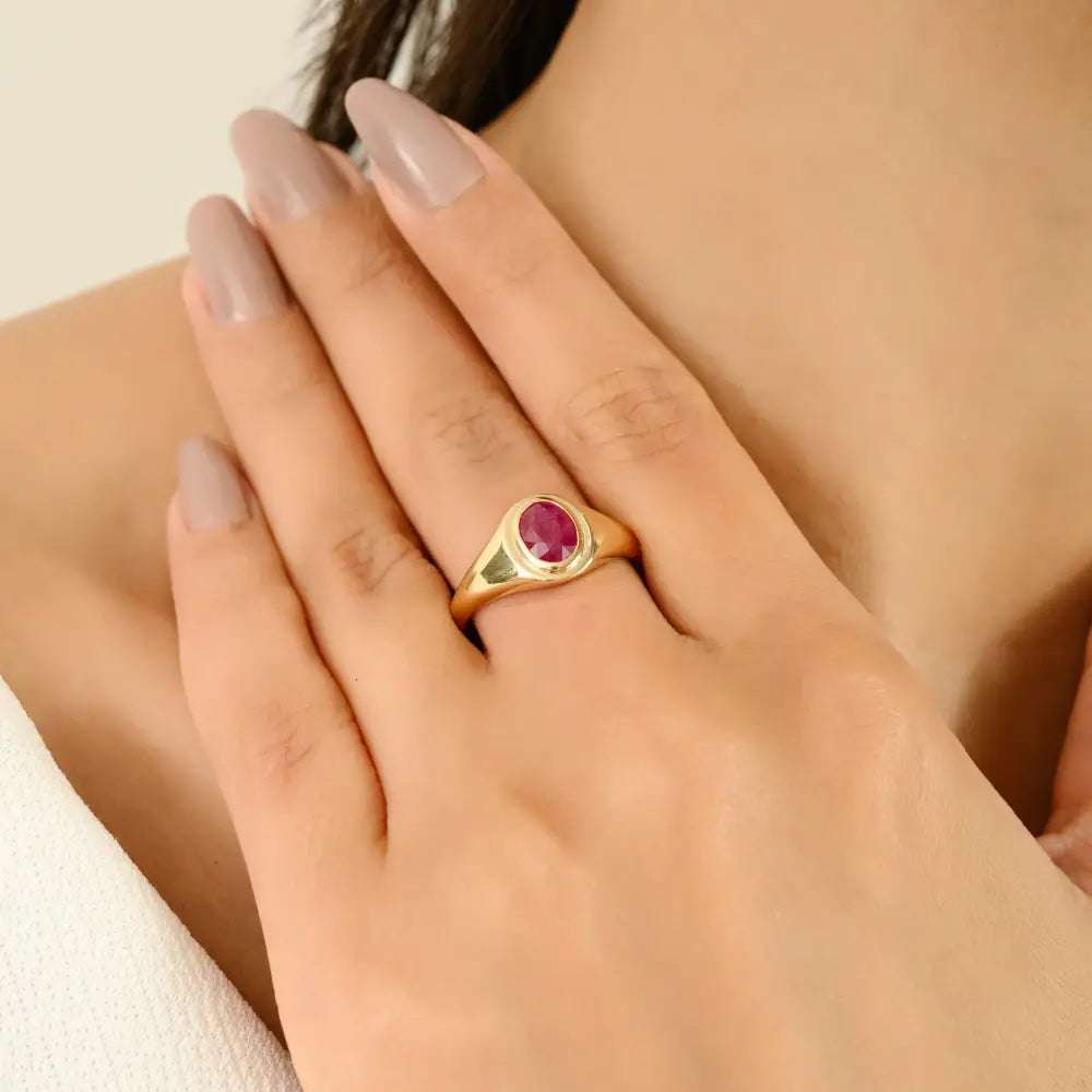 Latest Design July Birthstone Natural Ruby Signet Chunky Ring 14K Real Yellow Gold Jewelry