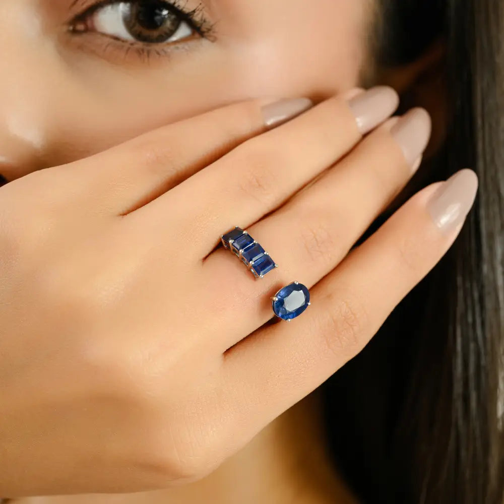 Latest Design Handmade Blue Sapphire Real K14 White Gold Open Ended Ring Unisex