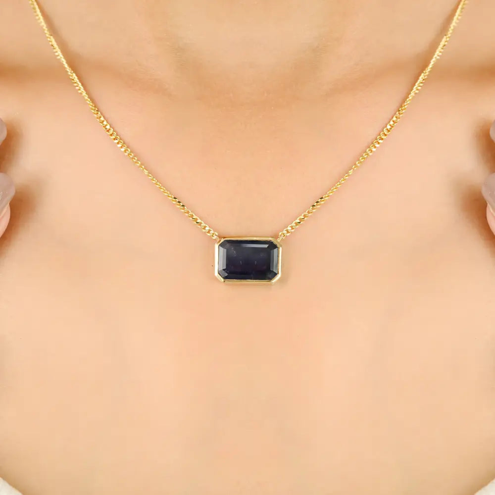 14X9.5 MM Blue Sapphire Solid 14K Yellow Gold Curb Link Chain Solitaire Pendant Necklace