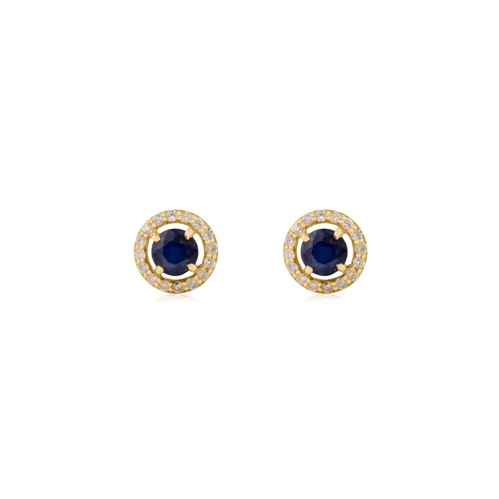 Simple Design 14K Solid Gold Blue Sapphire & Diamond Round Shape Halo Stud Earrings
