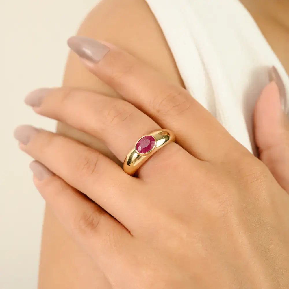 100% Authentic Ruby Handmade Dome Signet Ring For Women Pure K14 Yellow Gold Jewelry