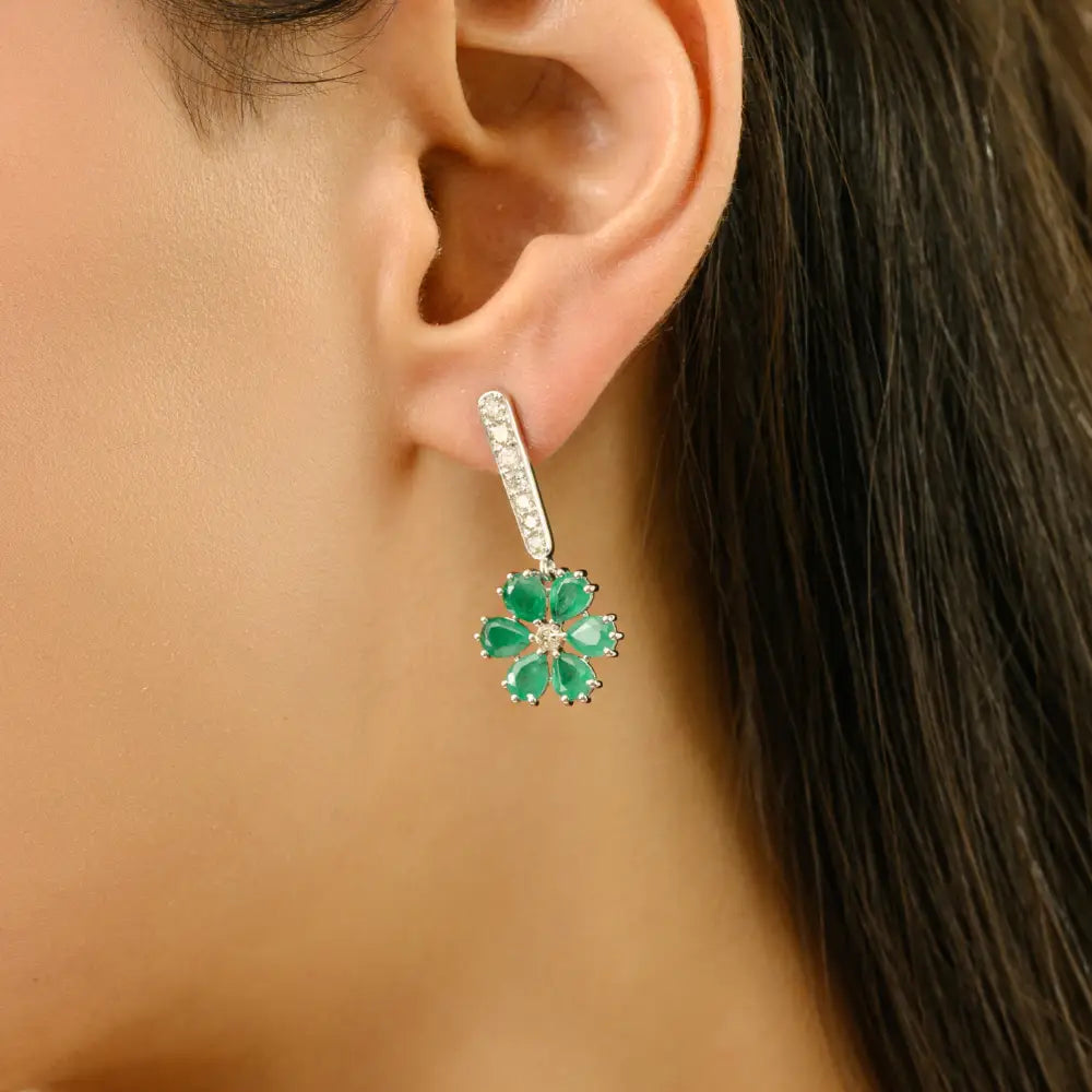 18K White Gold Emerald & Diamond Floral Drop Earrings Handmade May Birthstone Jewelry