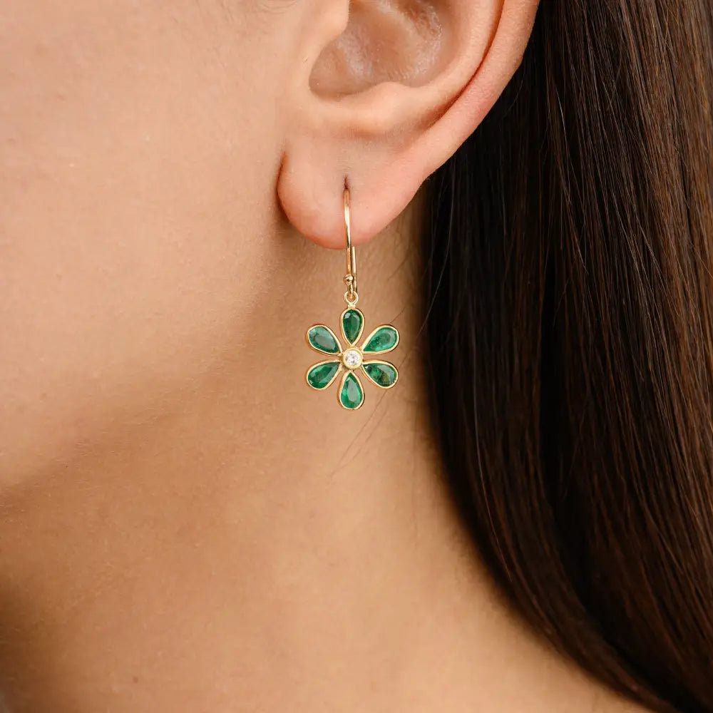 Floral Design Emerald & Diamond Drop Earrings in 18k Solid Yellow Gold