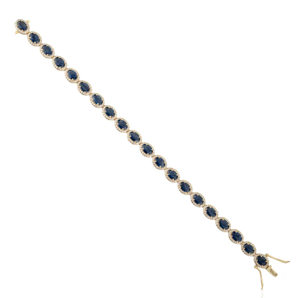 18K Solid Yellow Gold Blue Sapphire & Diamond Halo Tennis Bracelet Statement Bulk Jewelry