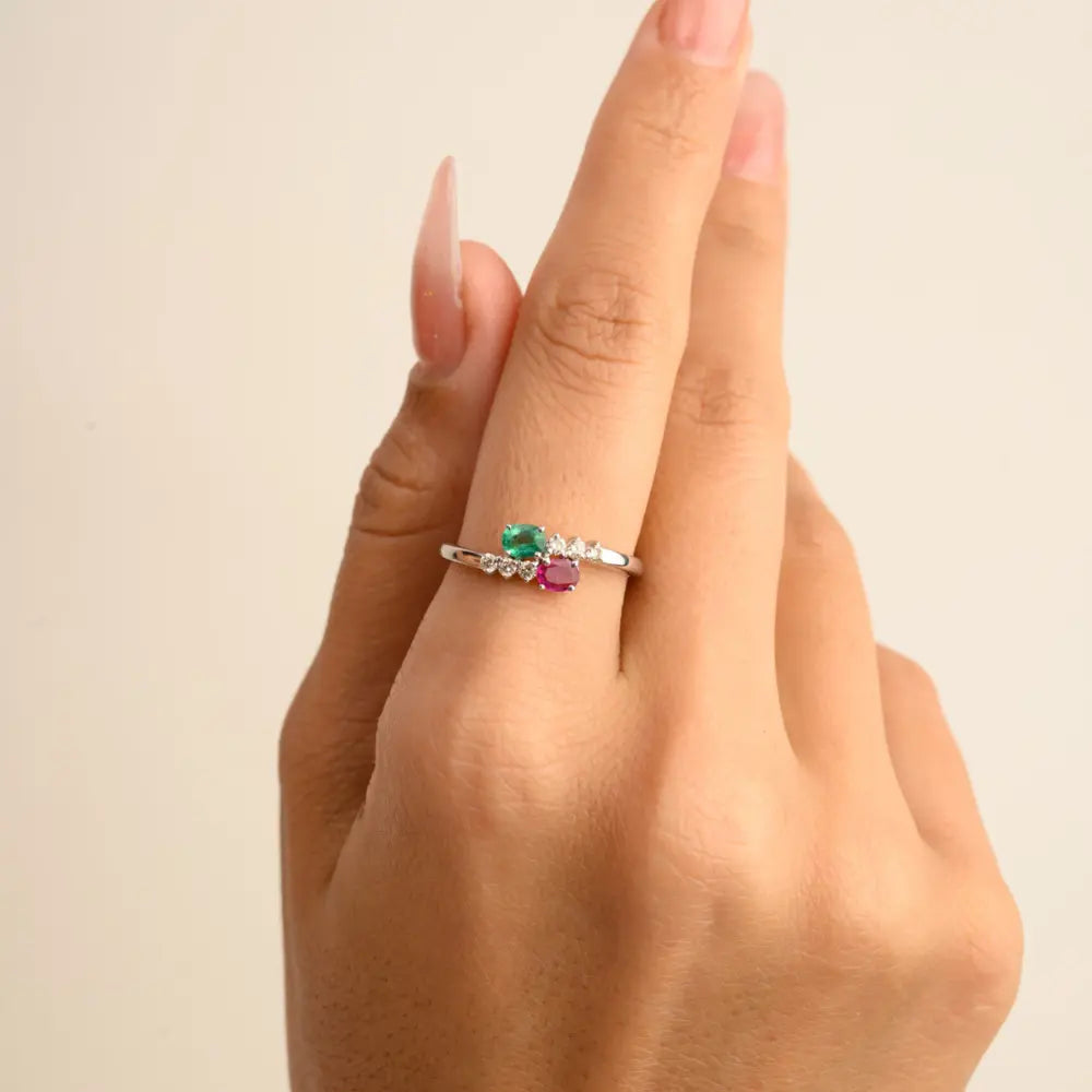 Bulk Jewelry 14K White Gold Emerald, Ruby & Diamond Handmade Bypass Ring