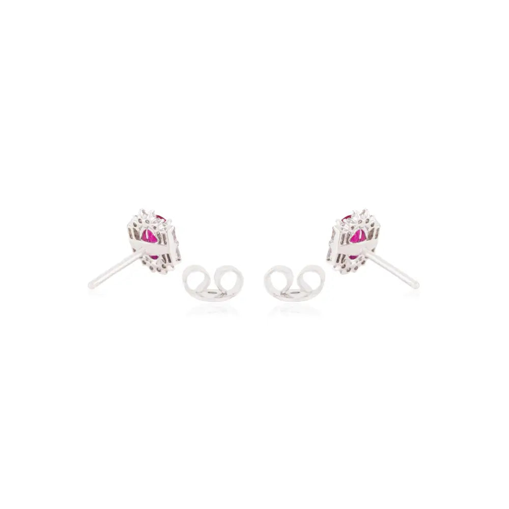 Inspired By Art Deco July Birthstone Ruby & Diamond 14K Real White Gold Halo Stud Earrings
