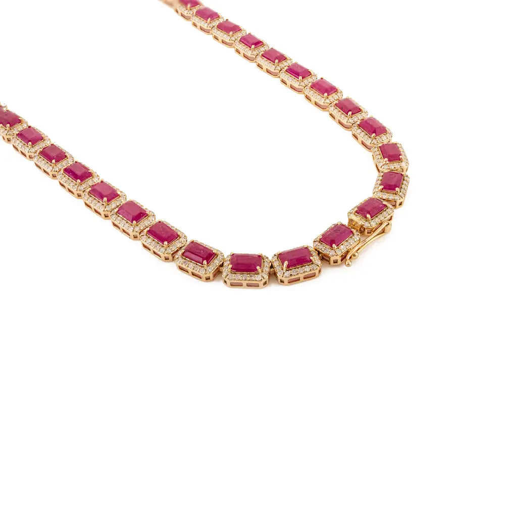 100% Genuine Ruby & Diamond Halo Tennis Necklace Women Statement 14K Gold Jewelry