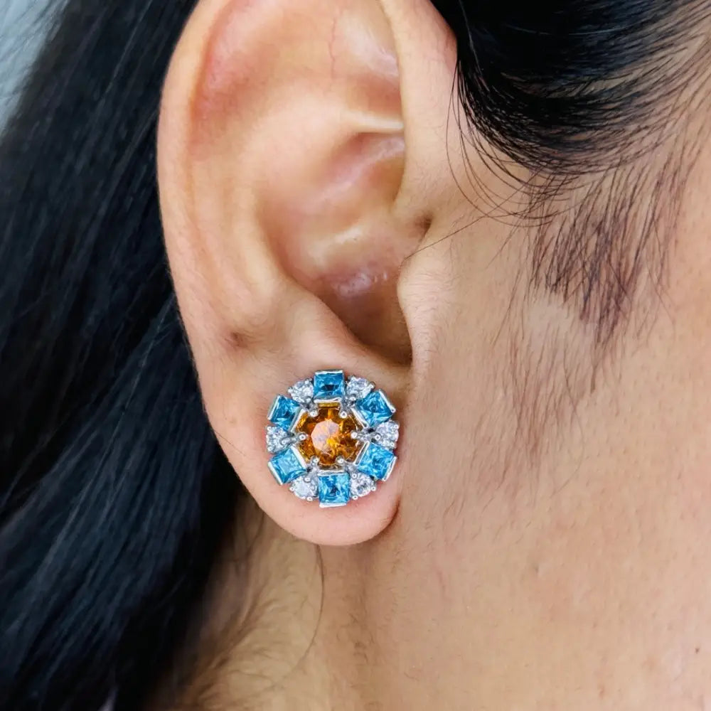 High Grade Jewelry Blue Topaz Citrine & American Diamond Round Stud Earrings Factory Price