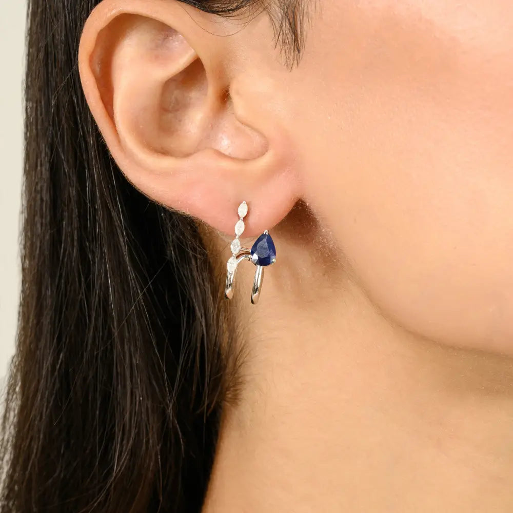 Modern Design K14 White Gold Blue Sapphire & Diamond Huggies Stud Earrings Unique Jewelry