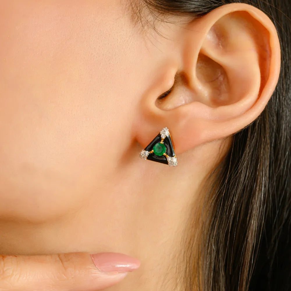 Emerald & Diamond Black Enamel Triangle Shape Stud Earrings Everyday Jewelry 14K Gold