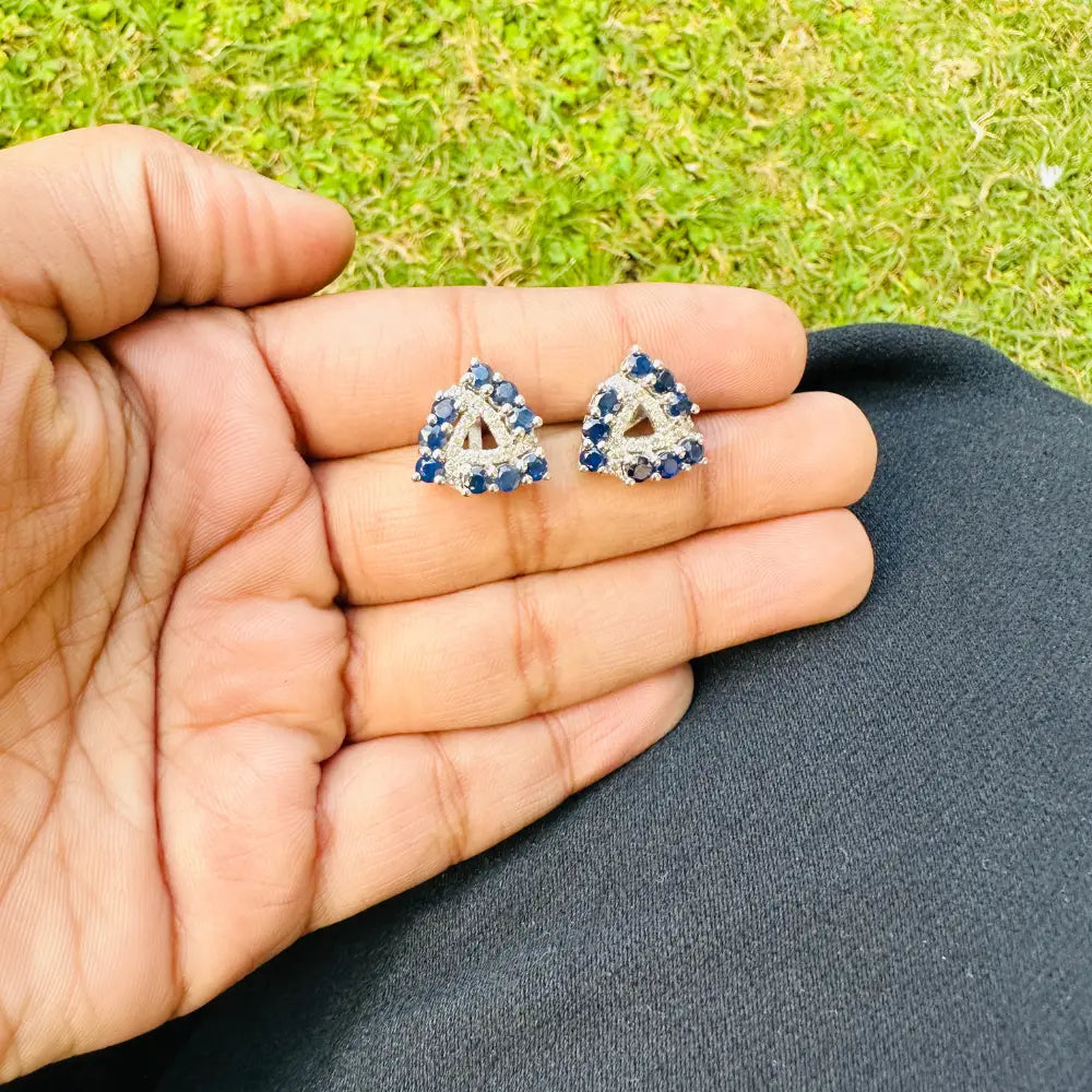Fine Gemstone Round Blue Sapphire & American Diamond Trillion Shape Stud Earrings Wholesale Jewelry