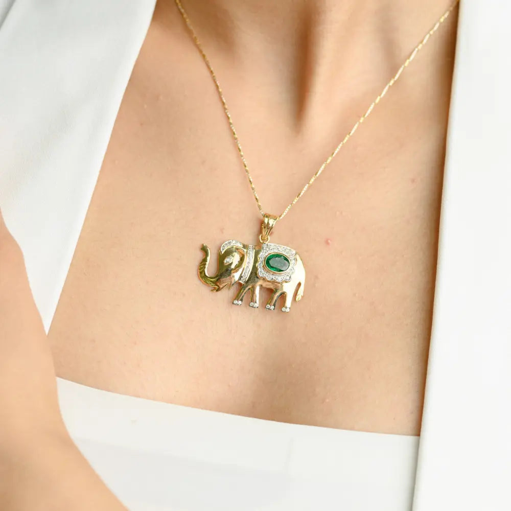 14K Solid Yellow Gold Emerald & Diamond Elephant Pendant Minimal Jewelry
