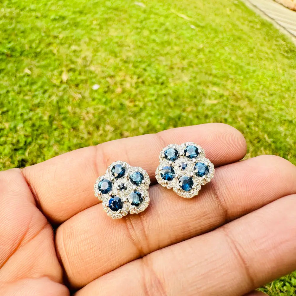 Authentic September Birthstone Blue Sapphire & American Diamond Floral Shape Statement Stud Earrings