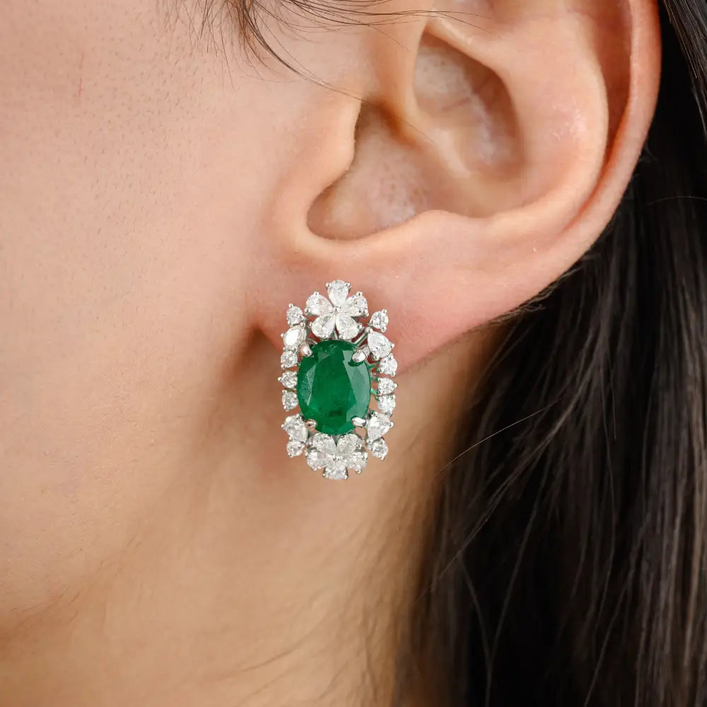 Luxurious Real Emerald & Diamond 18K White Gold Stud Earrings Fine Custom Made Jewelry