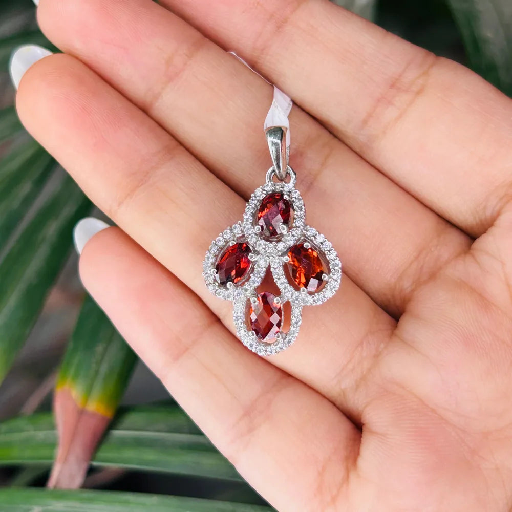Custom Made Natural Red Garnet & American Diamond Statement Pendant For Valentine Day Gift