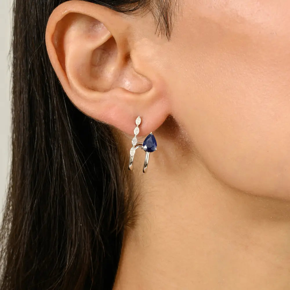 Modern Design K14 White Gold Blue Sapphire & Diamond Huggies Stud Earrings Unique Jewelry