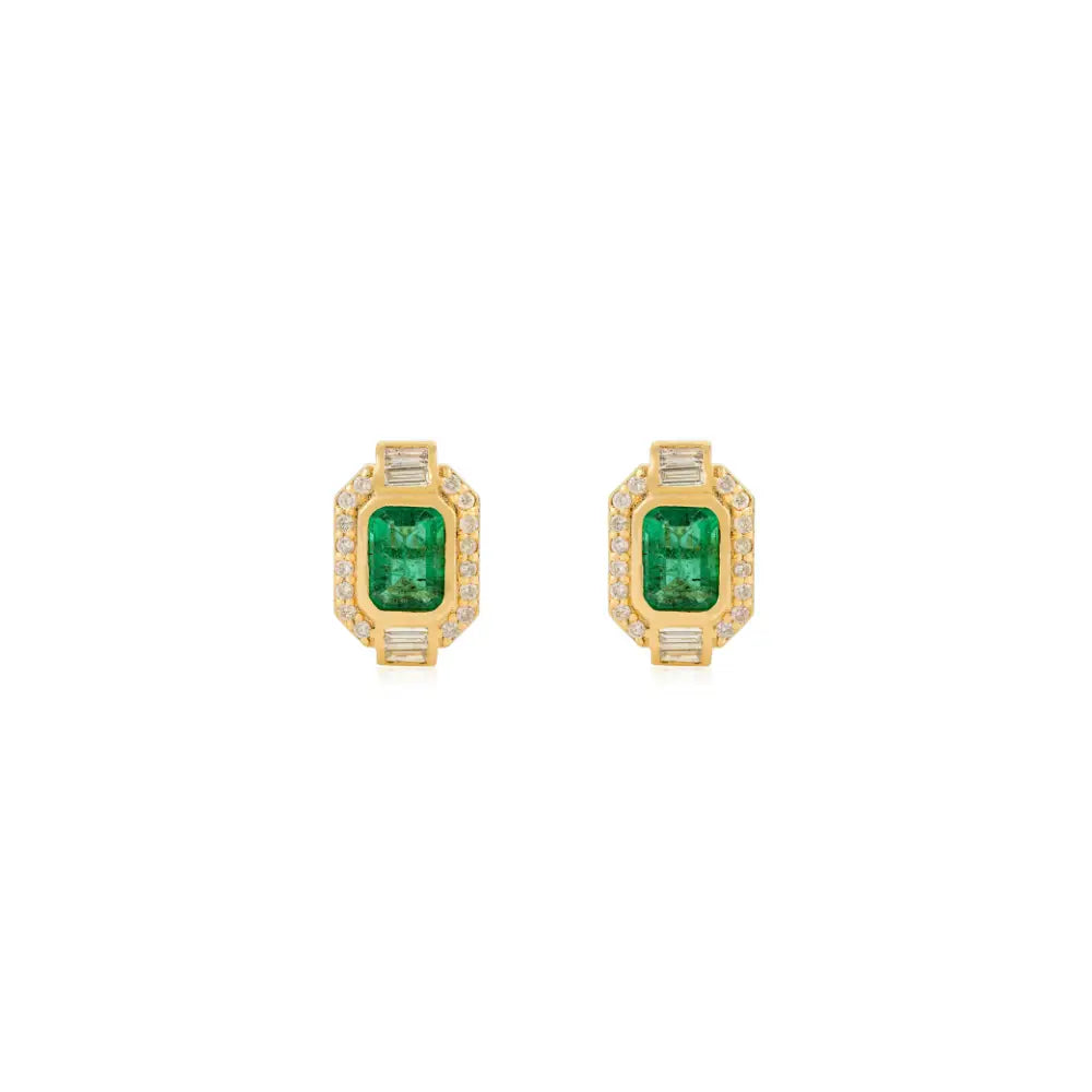 Bezel Set Emerald & Diamond Stud Earrings Trending Everyday Jewelry Real 18K Yellow Gold