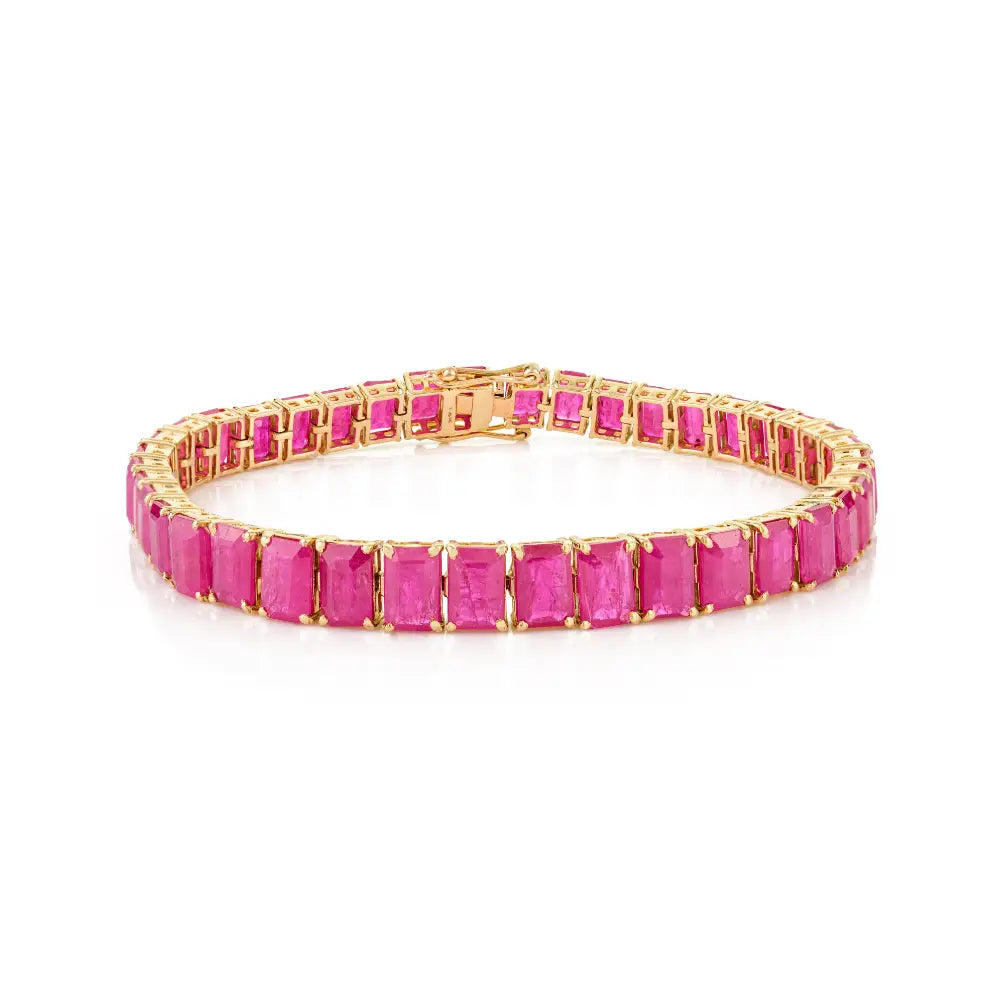 4x6 mm Octagon Cut Ruby Pure 14K Yellow Gold Box Lock Tennis Bracelet Anniversary Gift