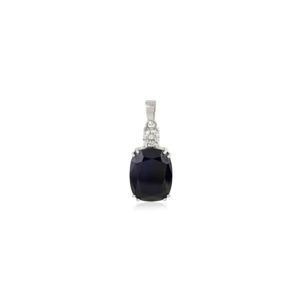 Double Prong Set Blue Sapphire & Diamond Solitaire Statement Pendant 14K Real White Gold