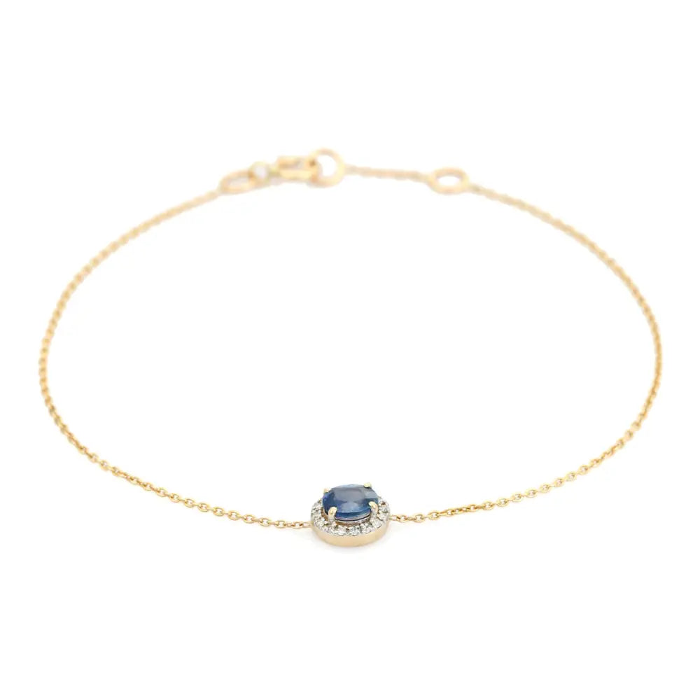 Good Quality Blue Sapphire & Diamond Solitaire Halo Gemstone Bracelet 14K Yellow Gold Jewelry