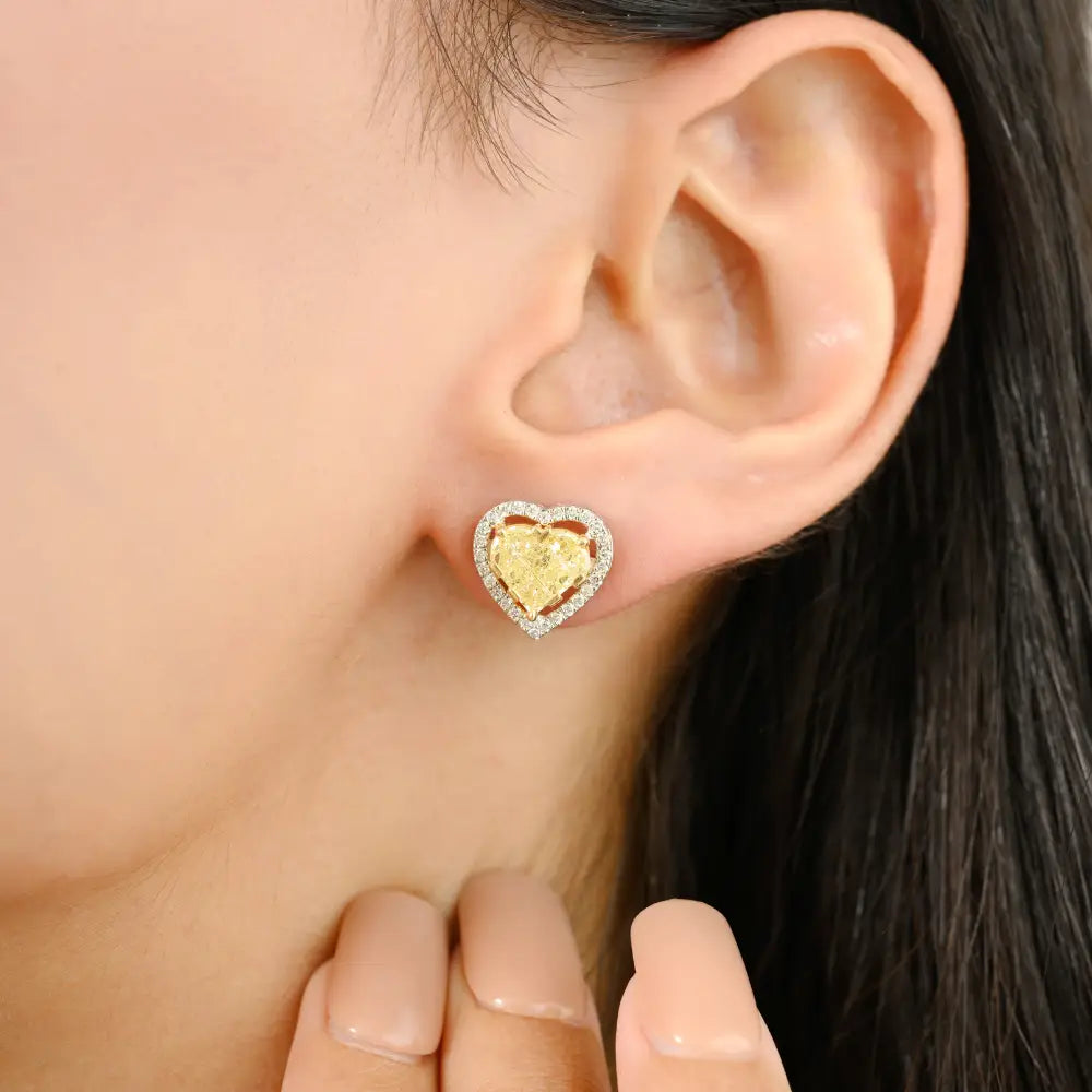100% Natural White & Yellow Diamond Heart Shape Stud Earrings Valentine's Day Gift