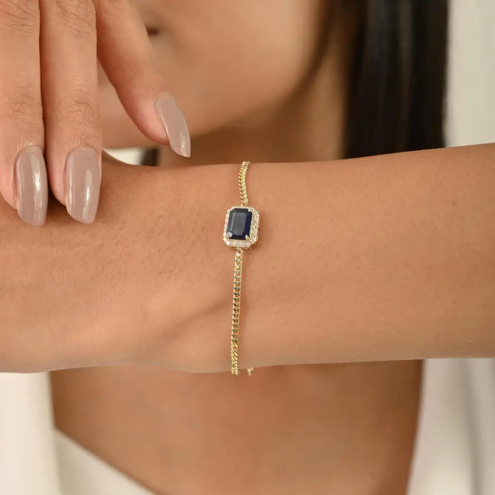 Prong Setting Blue Sapphire & Diamond 14K Solid Gold Cuban Chain Halo Bracelet Unisex