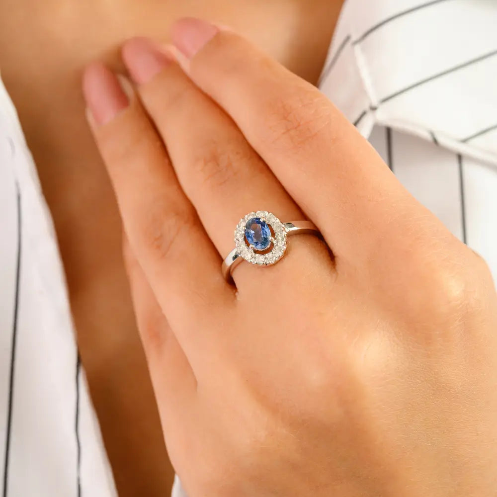 Explore Blue Sapphire & Diamond 14K Solid White Gold Halo Ring Handmade Fine Jewelry