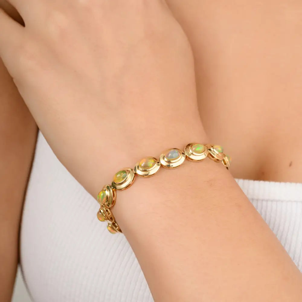 Unique Design 14K Yellow Gold Oval Shape Opal Tennis Bracelet Handmade October Birthstone