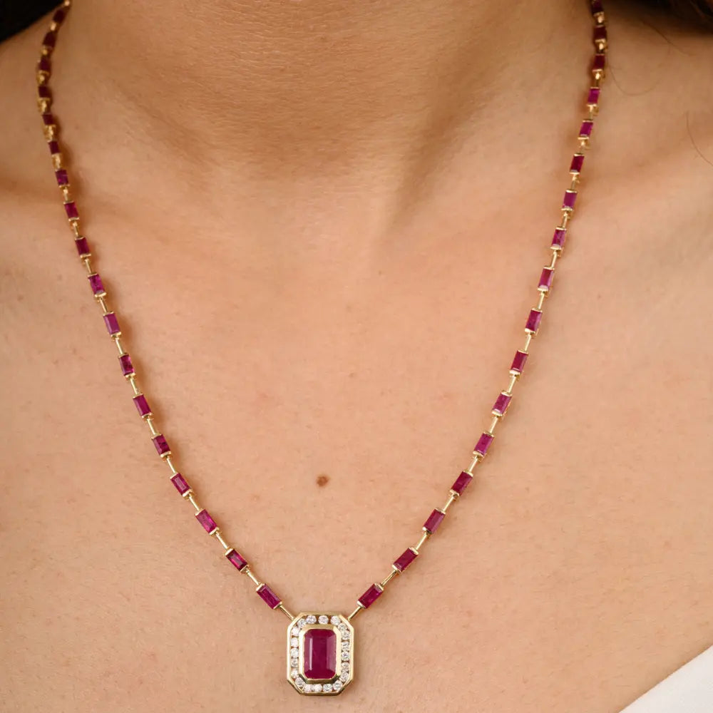 High Quality Products 100% Natural Ruby & Diamond 14K Yellow Gold Necklace