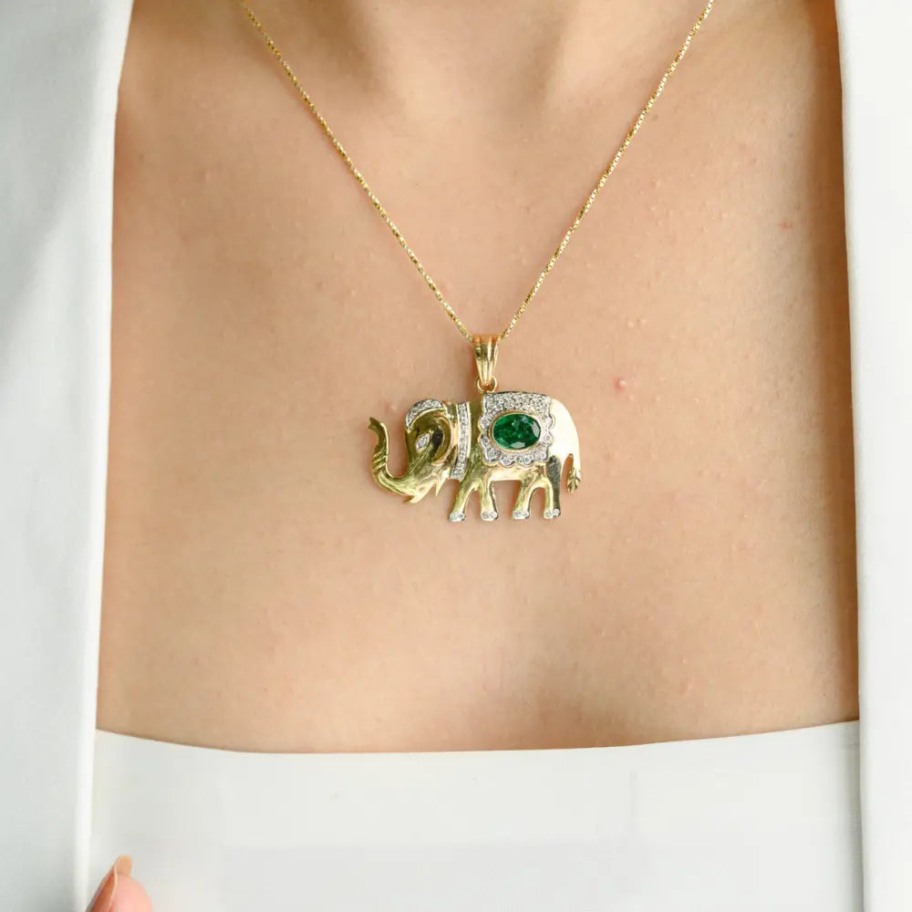 14K Solid Yellow Gold Emerald & Diamond Elephant Pendant Minimal Jewelry