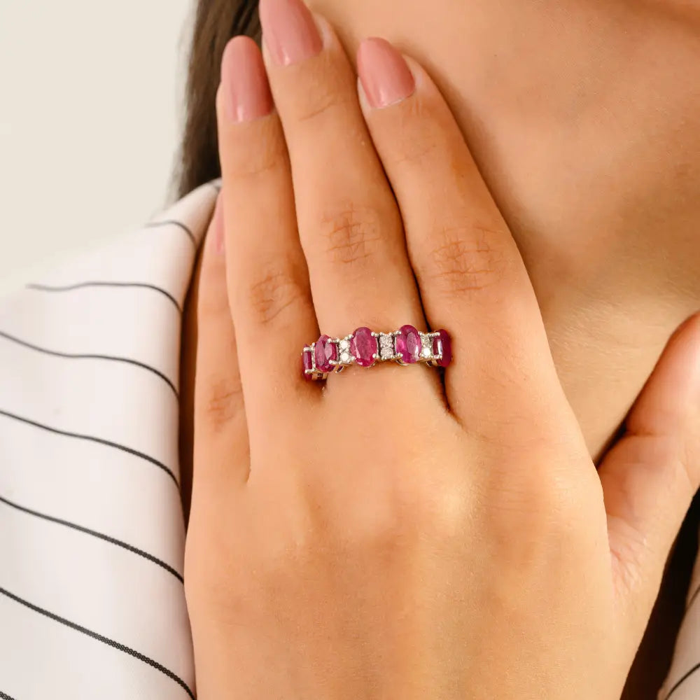 100% Genuine Ruby & Diamond Half Eternity Band Ring Fine 14K Real Gold Jewelry