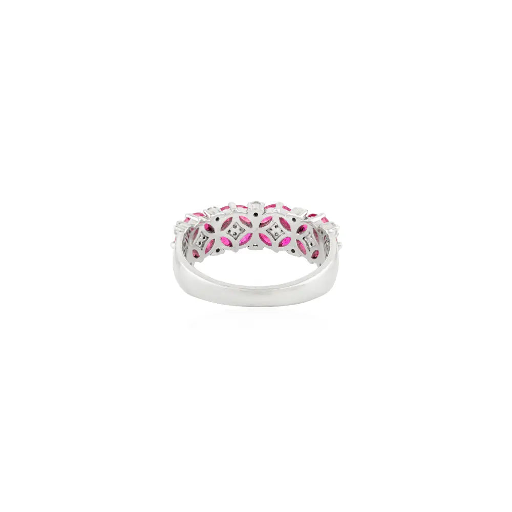 Unique Design Genuine Ruby & Diamond Floral Wide Band Ring Solid 14K White Gold Jewelry