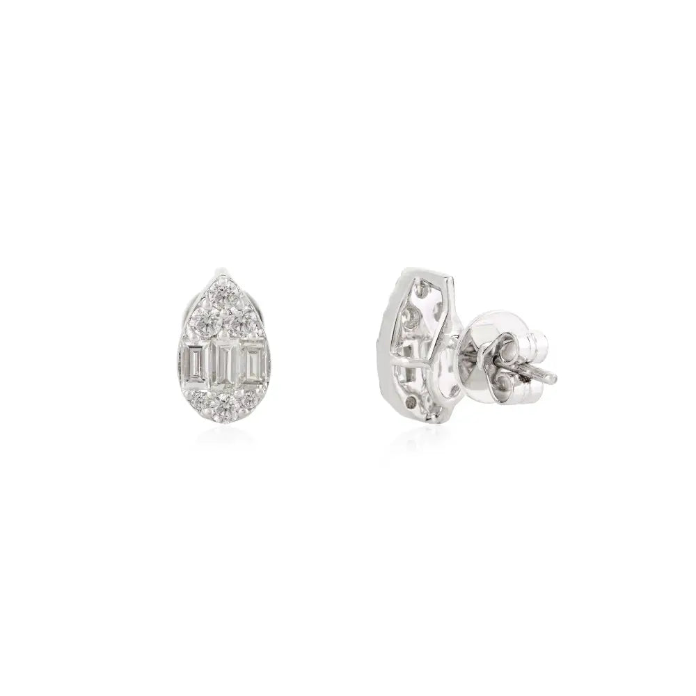Solid K18 White Gold Real Diamond Pear Shape Stud Earrings Minimal Women Jewelry